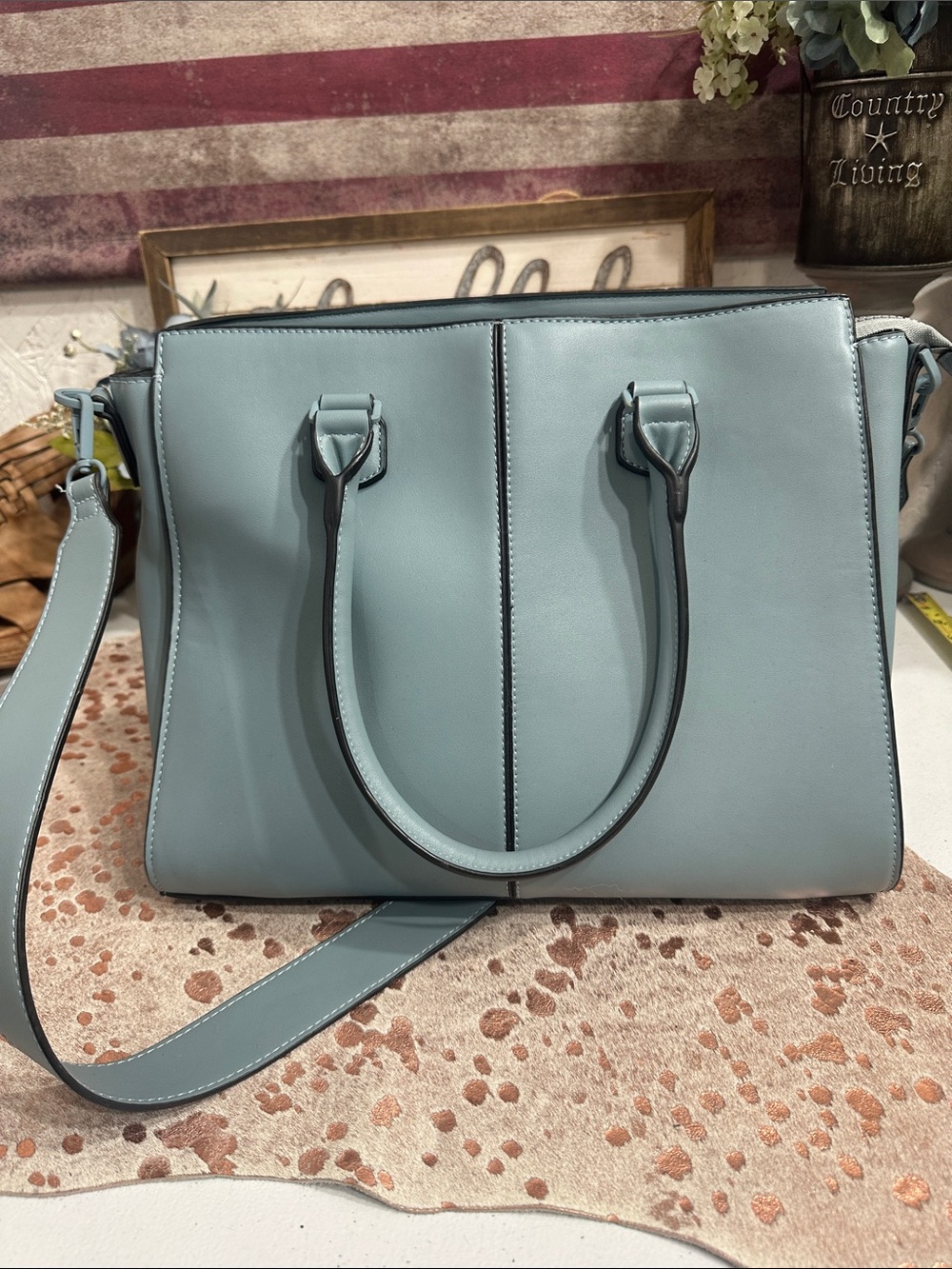 His Sleek Light Blue Structured Tote with Convertible Strap